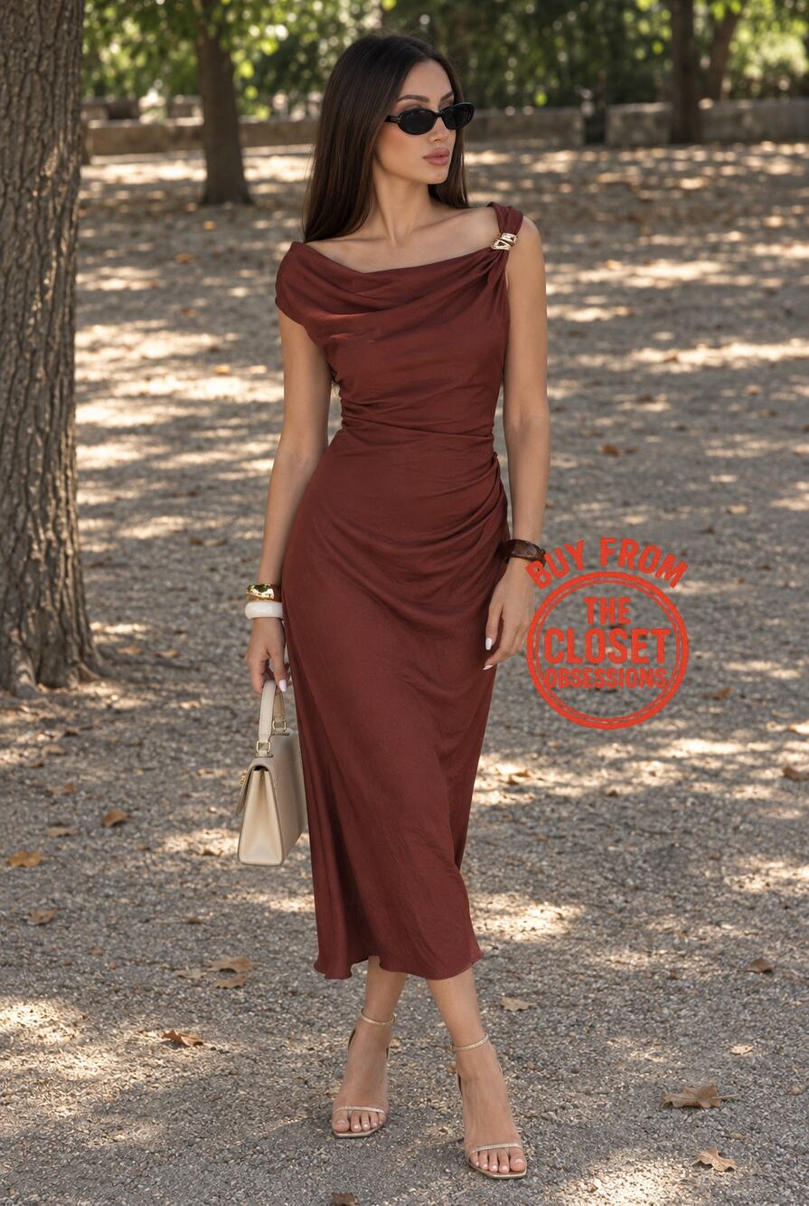 Zara Brown Cowl Neck Midi Dress NWT Gold Shoulder Detail Cocktail Dress